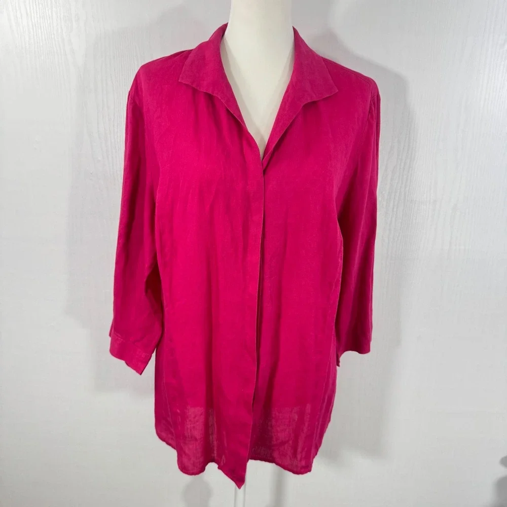 Lafayette 148 New York Linen‎ Button Up Shirt 3/4 Sleeve Pink Blouse Top - Picture 9 of 11